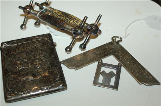 Silver & bone knife rests, card case & Masonic emblem